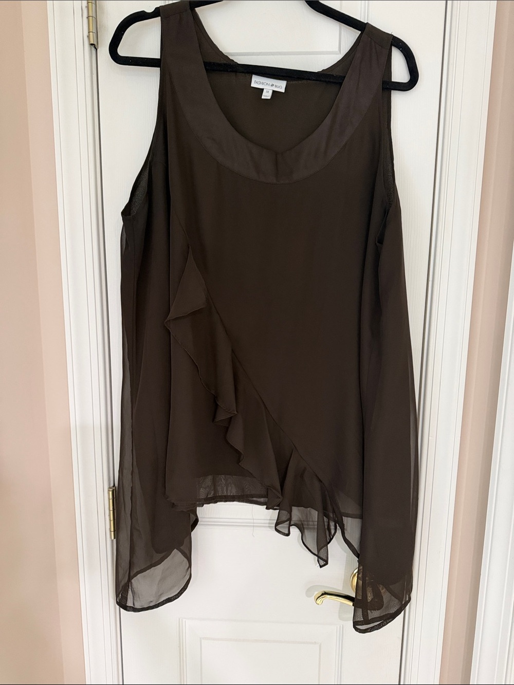 Dark Brown Sleeveless Ruffle Chiffon Blouse